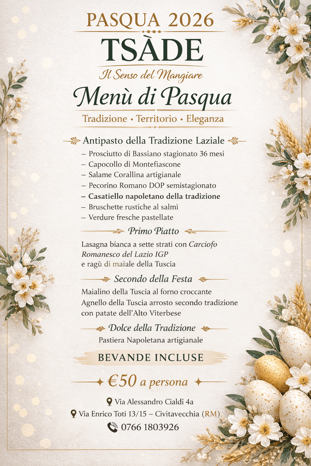 Pasqua 2026 da Tsade: tradizione, territorio ed eleganza a&nbsp;Civitavecchia